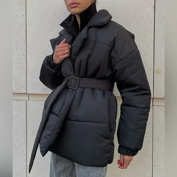 Classic Puffer Long Sleeve Winter Coat with Belt - Picture 1 of 12